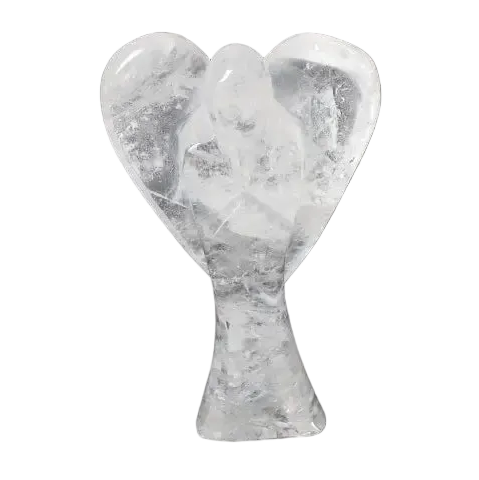 Angel Lemurian Quartz crystal sculpture on dark background, 13 cm tall, known for stress reduction, energy boost, and emotional stability.
