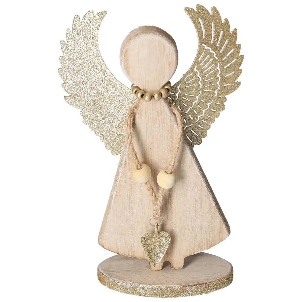 Wooden angel with metal wings, detailed etching, and heart ornament, ideal for home decor or as a gift.