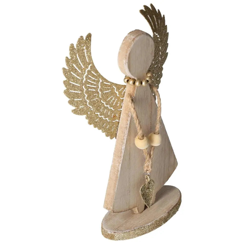 Wooden angel figurine with intricate golden metal wings, featuring a rustic charm and elegant design, perfect for home decor or gifting.