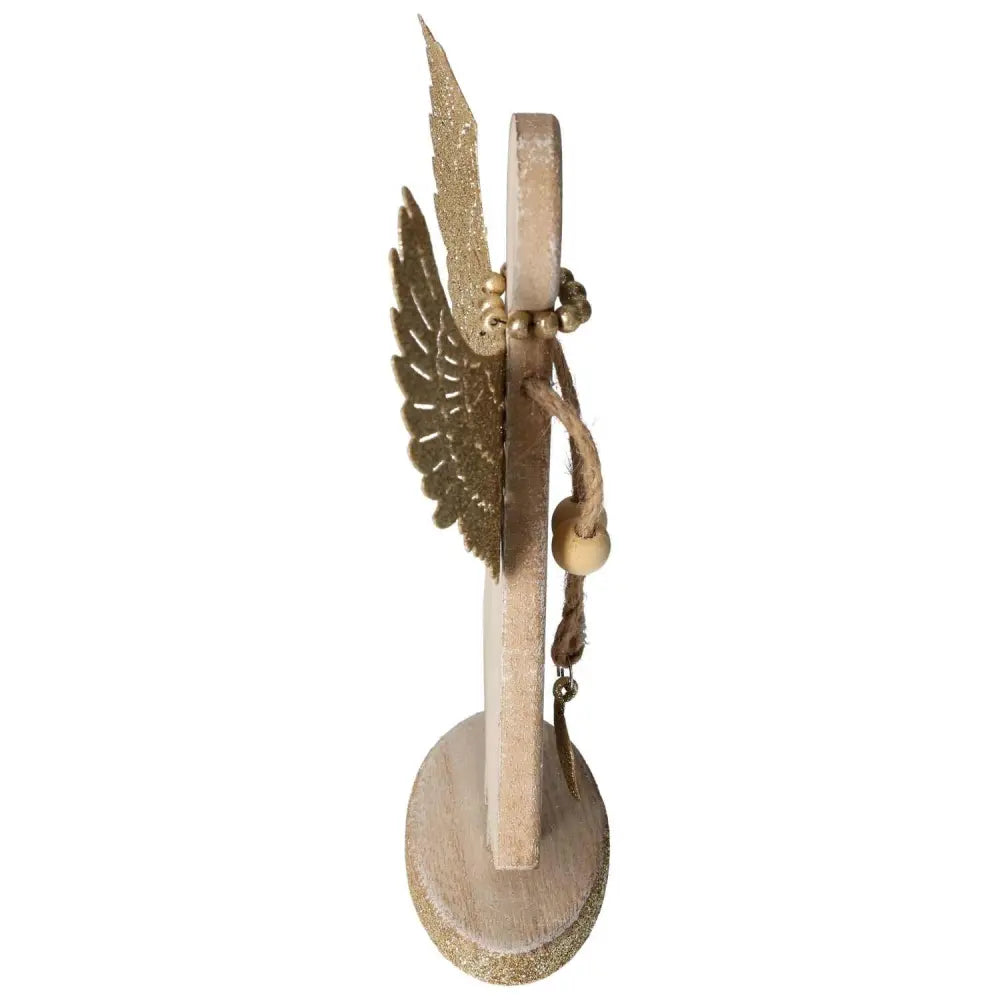 Side view of a wooden angel statue with glistening metal wings, decorated with beads, crafted for home decor elegance.