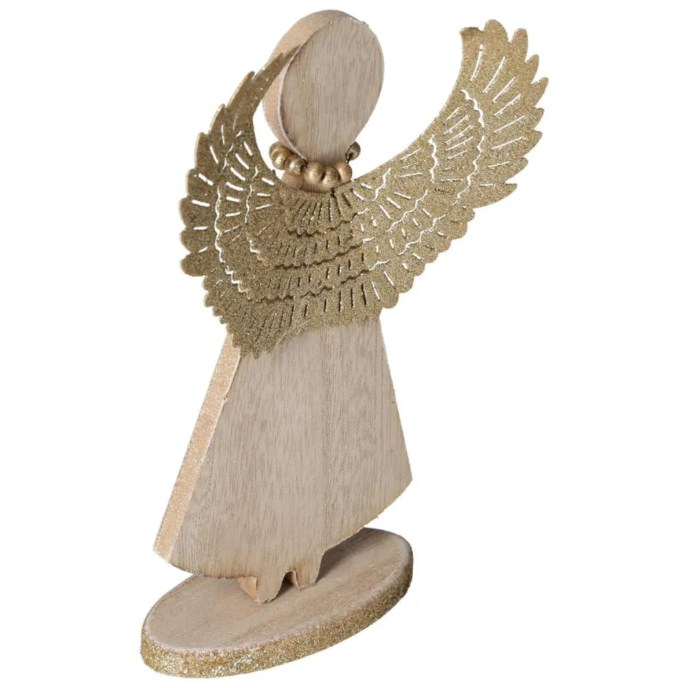 Wooden angel figurine with intricate metal wings and golden accents on a pedestal.
