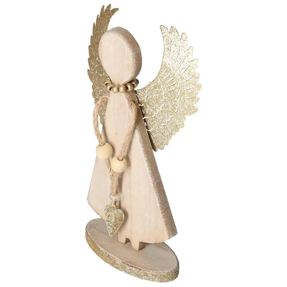 Wooden angel sculpture with metallic wings and heart pendant, handcrafted decorative piece.