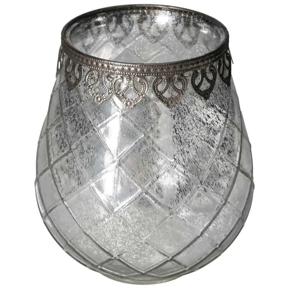 Ornate antique-style glass lantern with intricate metal trim, designed for home decor. Sylvia Crystals' elegant and inspirational piece.