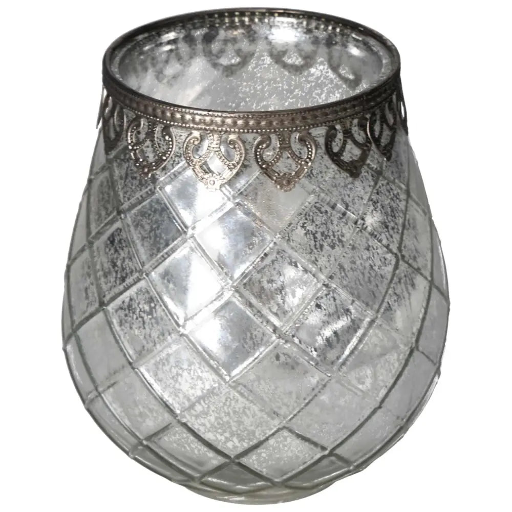 Elegant antique style lantern with metal trim and diamond pattern glass by Sylvia Crystals, perfect for classic home decor.