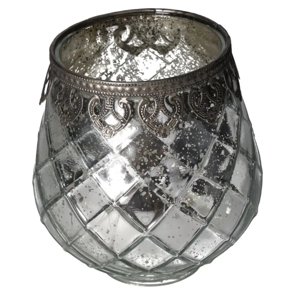 Intricately designed antique style lantern with silver ornate metal accents, capturing Sylvia Crystals' luxury aesthetic.