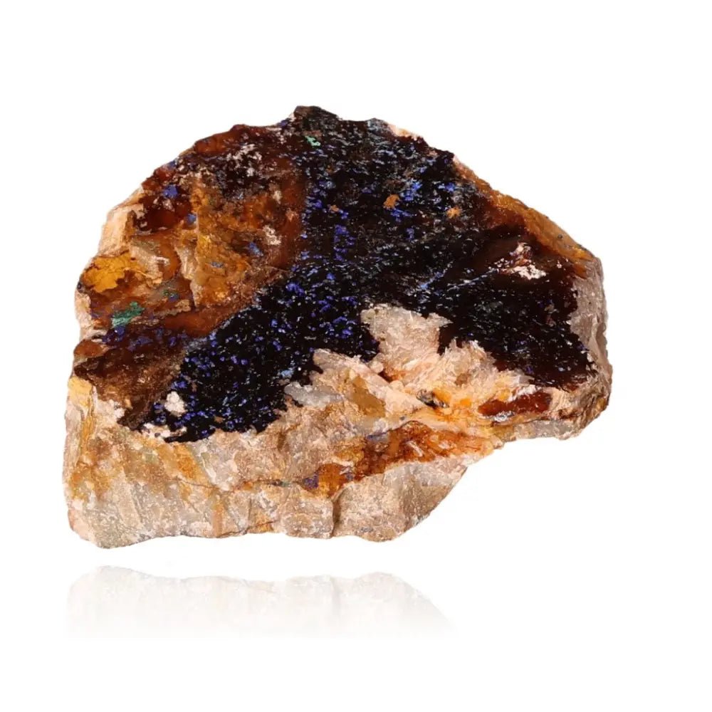 Azurite mineral rock with deep blue patterns, known for enhancing mental clarity and spiritual growth, ideal for collectors.