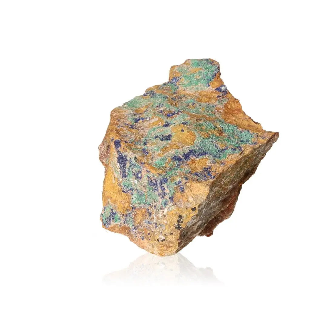 Azurite with Malachite crystal showcasing deep blue and green hues on a light brown rock surface; a captivating natural masterpiece.