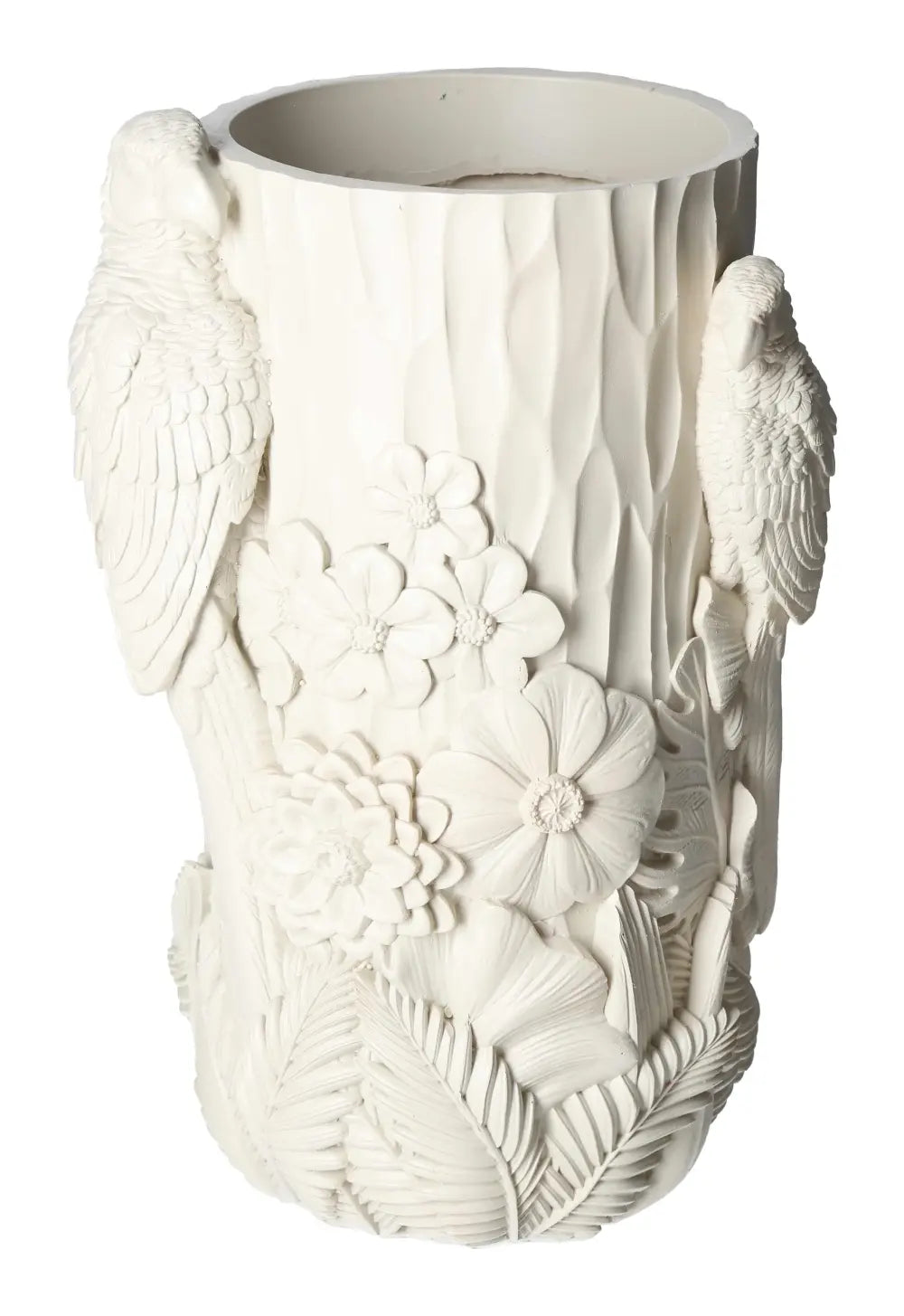 Beige polyresin vase with bird motif, intricate floral and leaf designs, offering an artistic blend of nature and elegance.