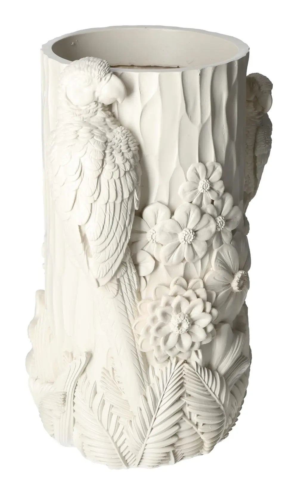 Beige polyresin vase with bird motif, featuring intricate floral and leaf designs, creates a serene, sophisticated home decor piece.