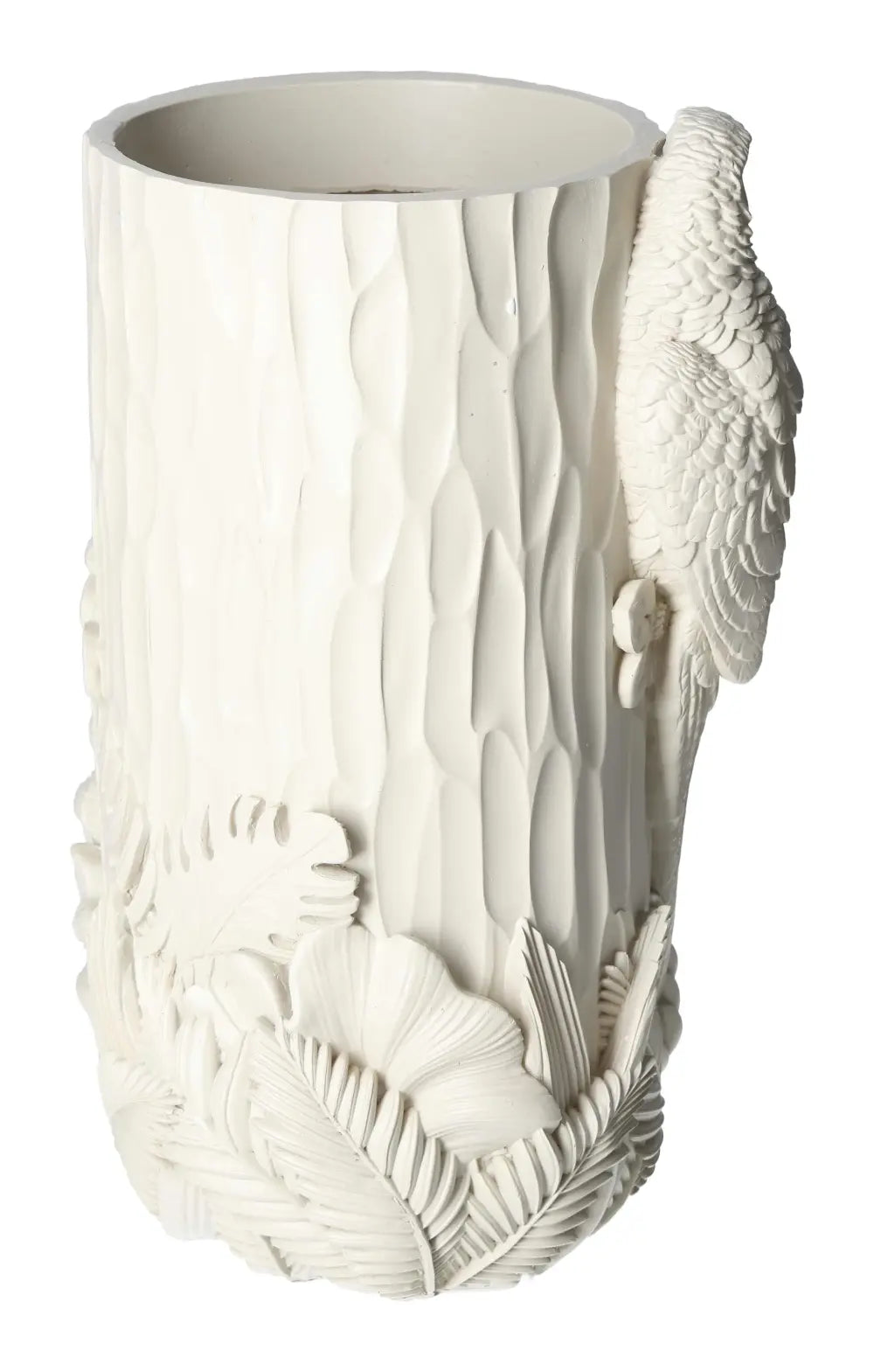 Elegant beige polyresin vase with intricate bird and leaf motif, 19x16x29, from Sylvia Crystals, blending artistry and nature.