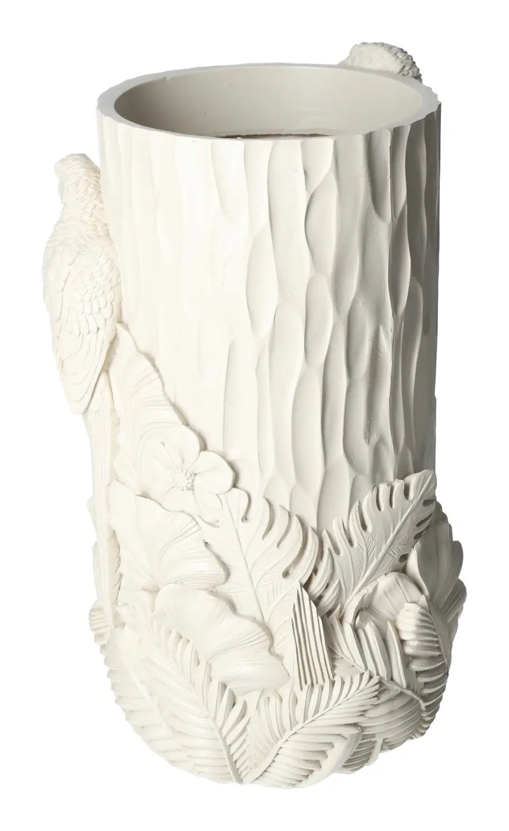 Beige polyresin vase with intricate bird motif and leaf design, 19x16x29, from Sylvia Crystals, blending elegance with nature.