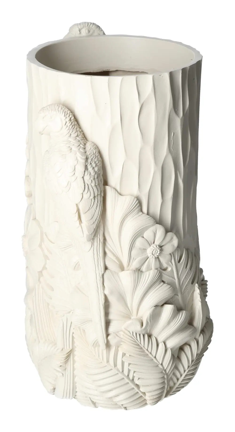 Beige polyresin vase with intricate bird motif, showcasing elegance and artistry in a 19x16x29 design for sophisticated decor.