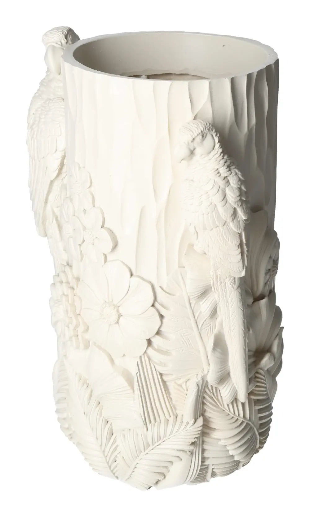 Beige polyresin vase with intricate bird motif, 19x16x29, from Sylvia Crystals, showcasing luxury and elegance in home decor.