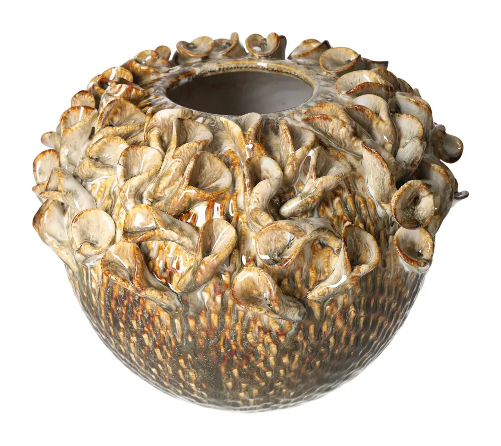 Handcrafted beige stoneware vase with organic texture and intricate detailing, 25.5x25.5x20.5 cm, by Sylvia Crystals.