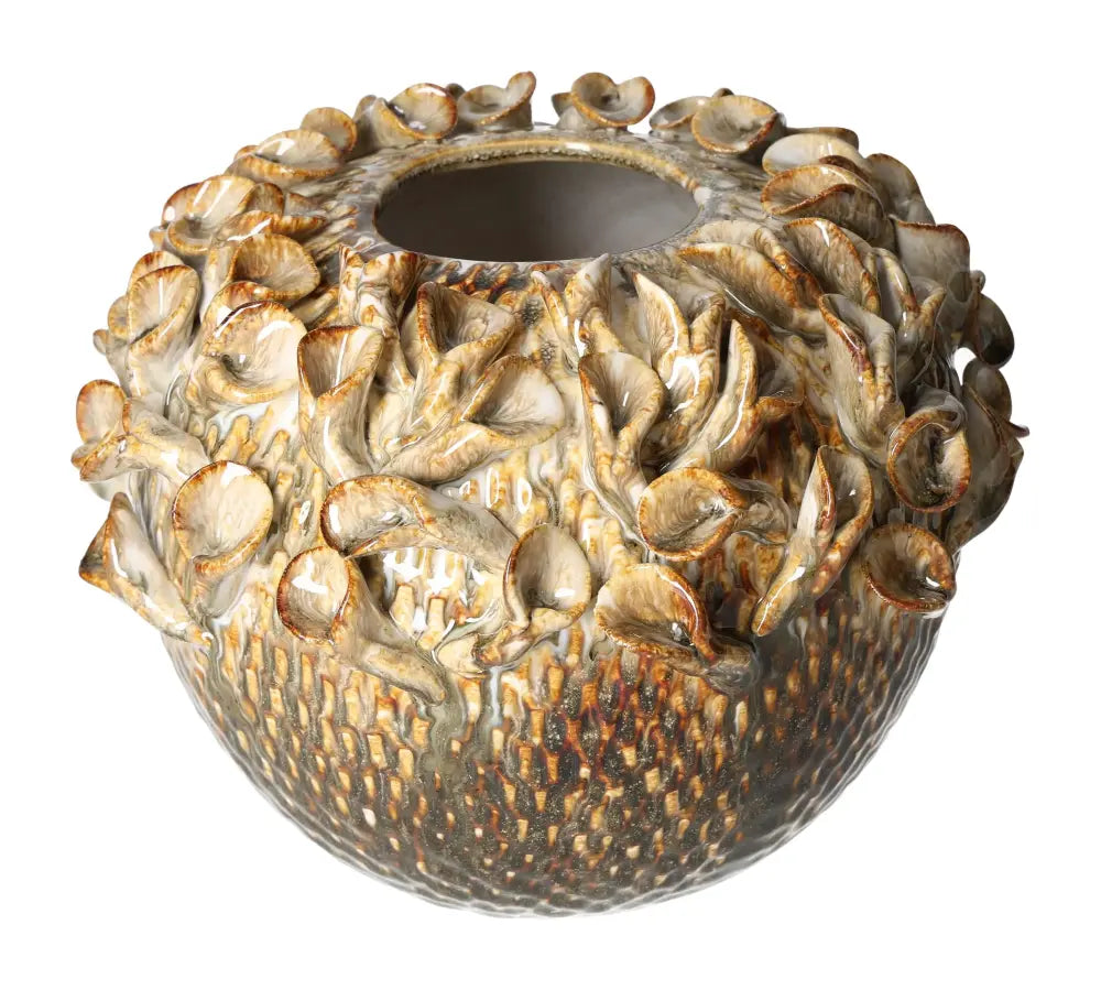 Artistic beige stoneware vase with intricate floral details, dimensions 25.5x25.5x20.5. Perfect for elegant home decor.