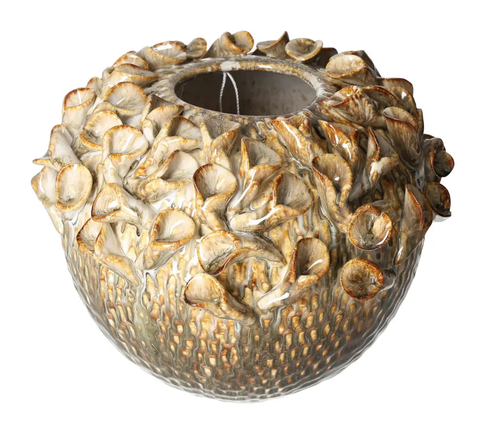 Beige stoneware vase with textured floral design, 25.5x25.5x20.5 cm, showcases artisanal elegance by Sylvia Crystals.