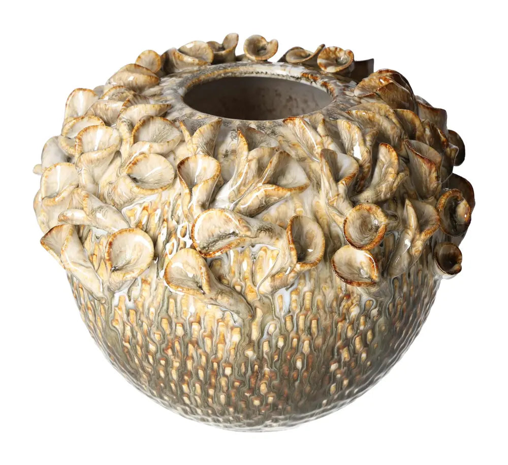 Beige stoneware vase 25.5x25.5x20.5 with intricate design by Sylvia Crystals, showcasing elegant craftsmanship and natural allure.