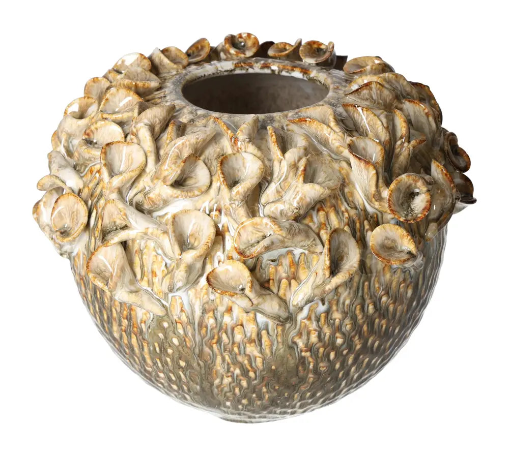 Exquisite beige stoneware vase with intricate floral design, 25.5 cm size, showcasing elegant craftsmanship by Sylvia Crystals, for refined decor.