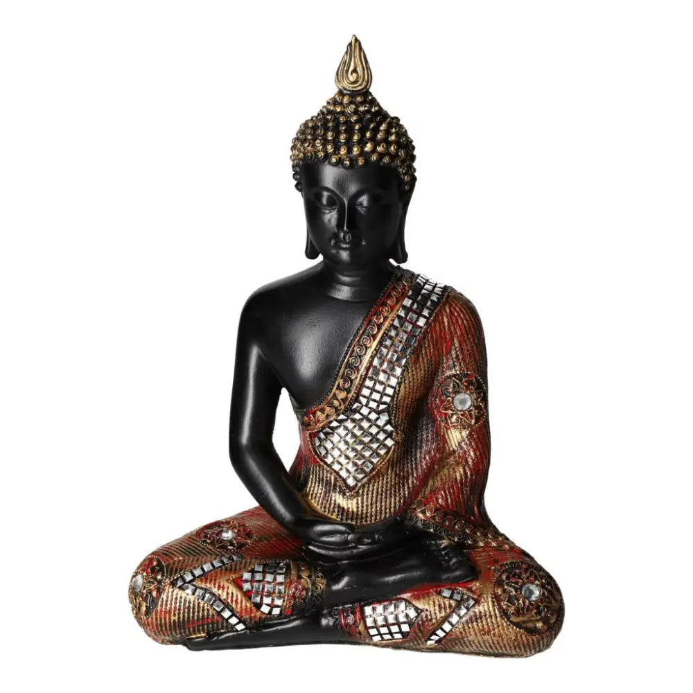 Buddha statue in black and gold polyresin with intricate detailing, featuring a luxurious and spiritual design by Sylvia Crystals.