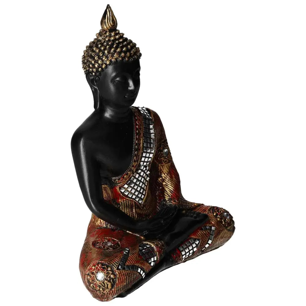 Luxurious black and gold polyresin Buddha statue by Sylvia Crystals, featuring intricate designs that evoke mystery and spirituality.
