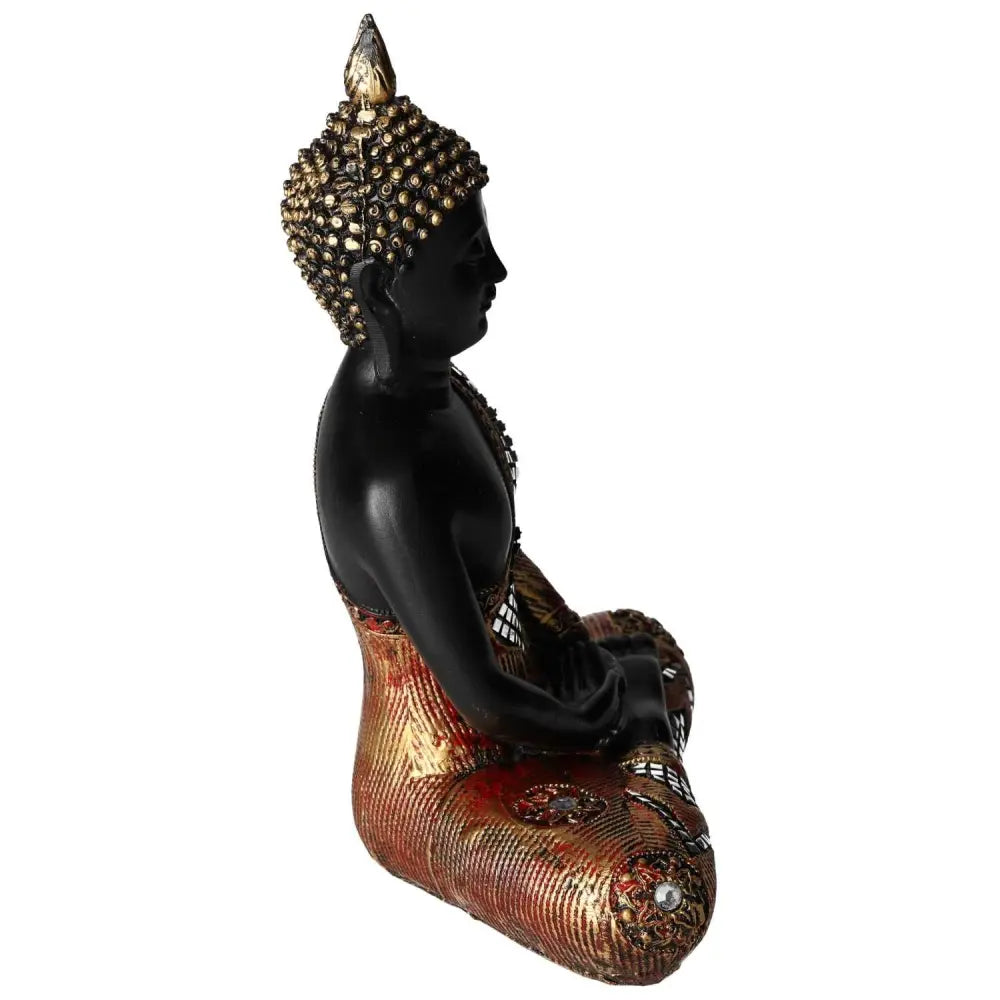 Luxury Black and Gold Buddha Statue by Sylvia Crystals, crafted from polyresin with a stunning finish, evoking spirituality and elegance.