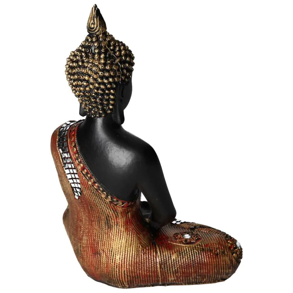 Black and gold Buddha statue made of polyresin, back view showcasing intricate design, luxury and spirituality, Sylvia Crystals product.