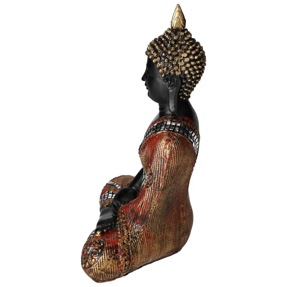 Buddha statue in black and gold polyresin, featuring intricate details and a serene aura for luxury and spirituality by Sylvia Crystals.