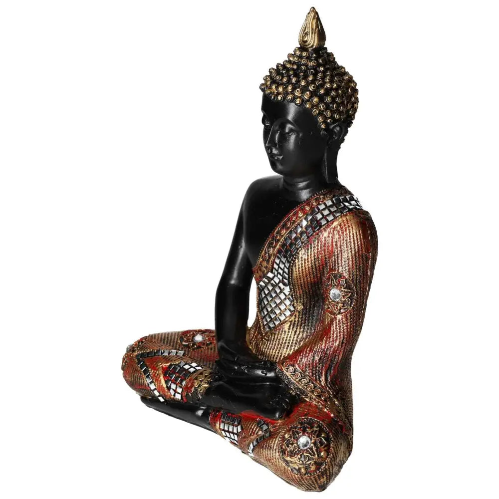 Black and gold Buddha statue in meditation pose, crafted from polyresin with ornate detailing, symbolizing luxury and spirituality.