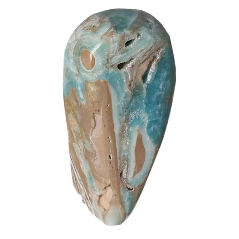 Raw Blue Aragonite stone with vibrant blue and brown patterns, ideal for crystal healing and home decor from Pakistan.