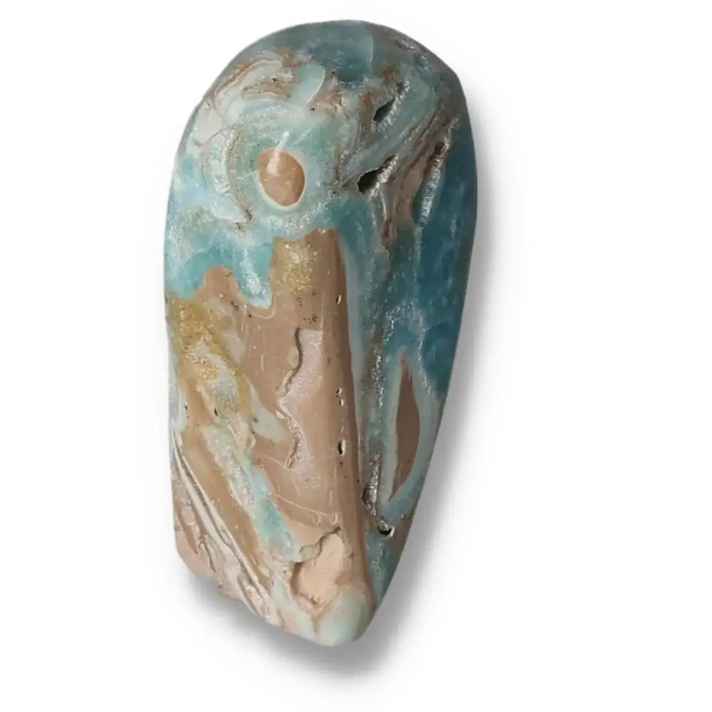 Blue Aragonite Obelisk showcasing vibrant blue tones and natural patterns, perfect for enhancing emotional balance and tranquility.