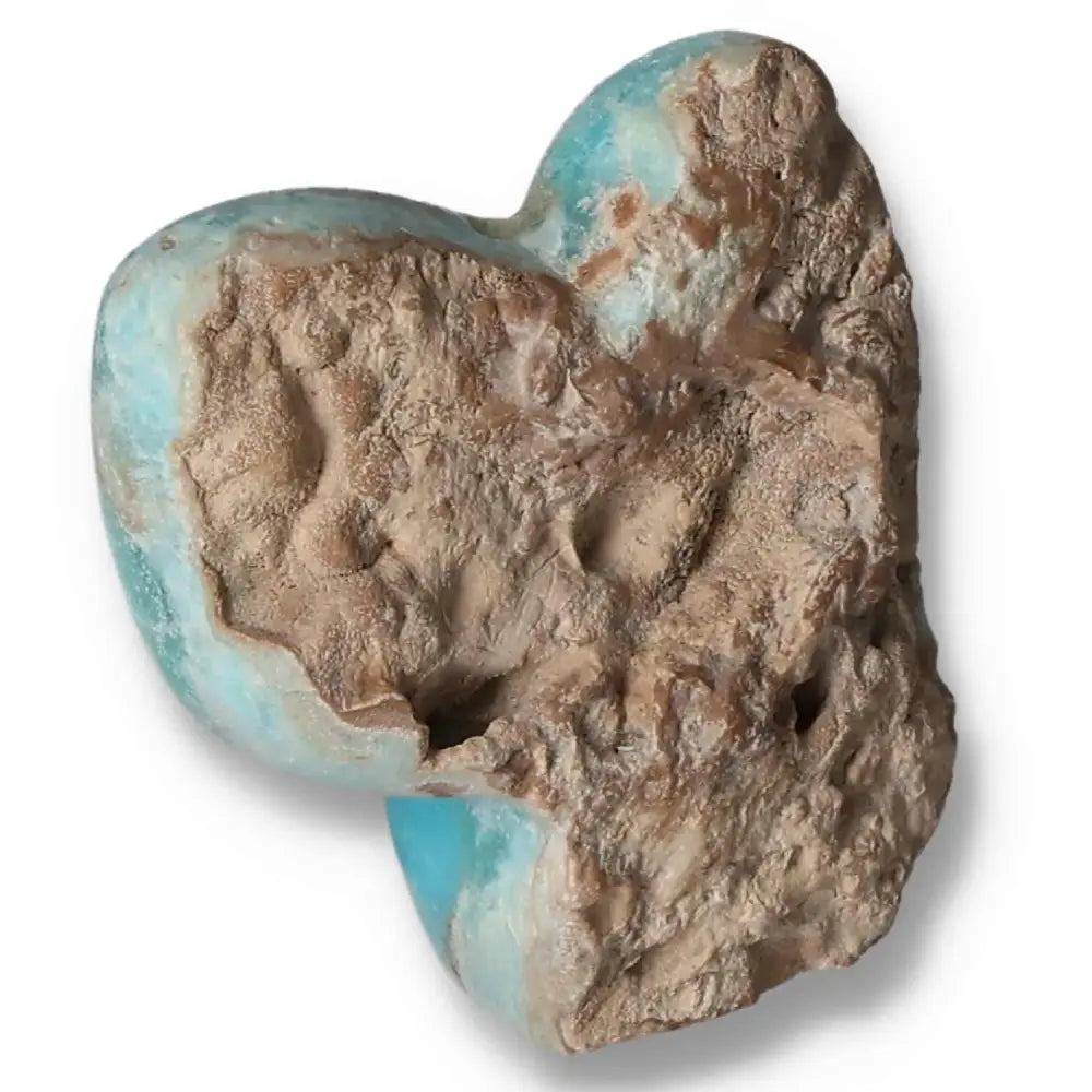 Rough Blue Aragonite stone with natural brown matrix from Pakistan, showcasing vibrant blue and earthy textures.