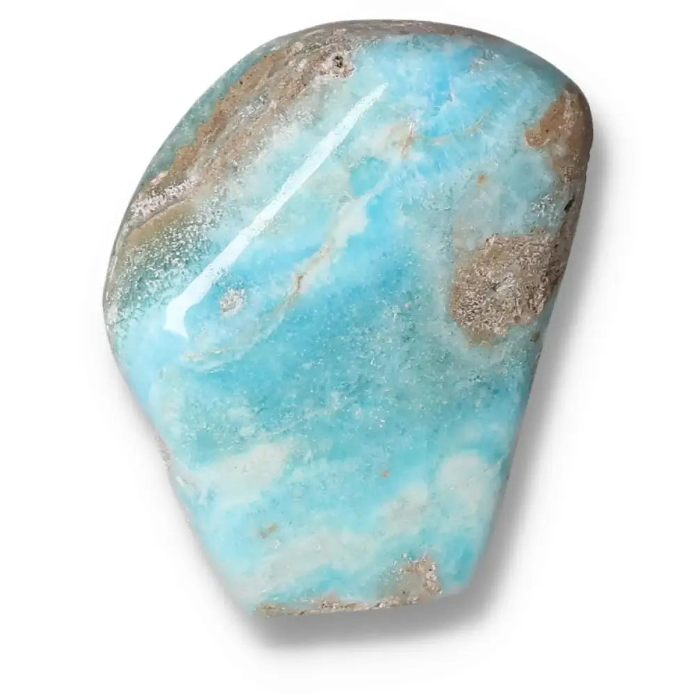 Polished blue aragonite obelisk from Pakistan with soothing blue hues, ideal for enhancing communication and creating tranquility.