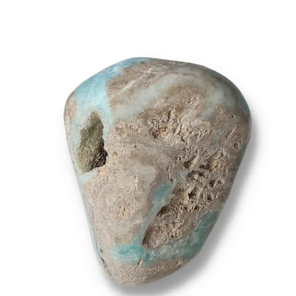 Rough blue aragonite stone with natural texture and blue hues, ideal for enhancing communication and emotional balance.