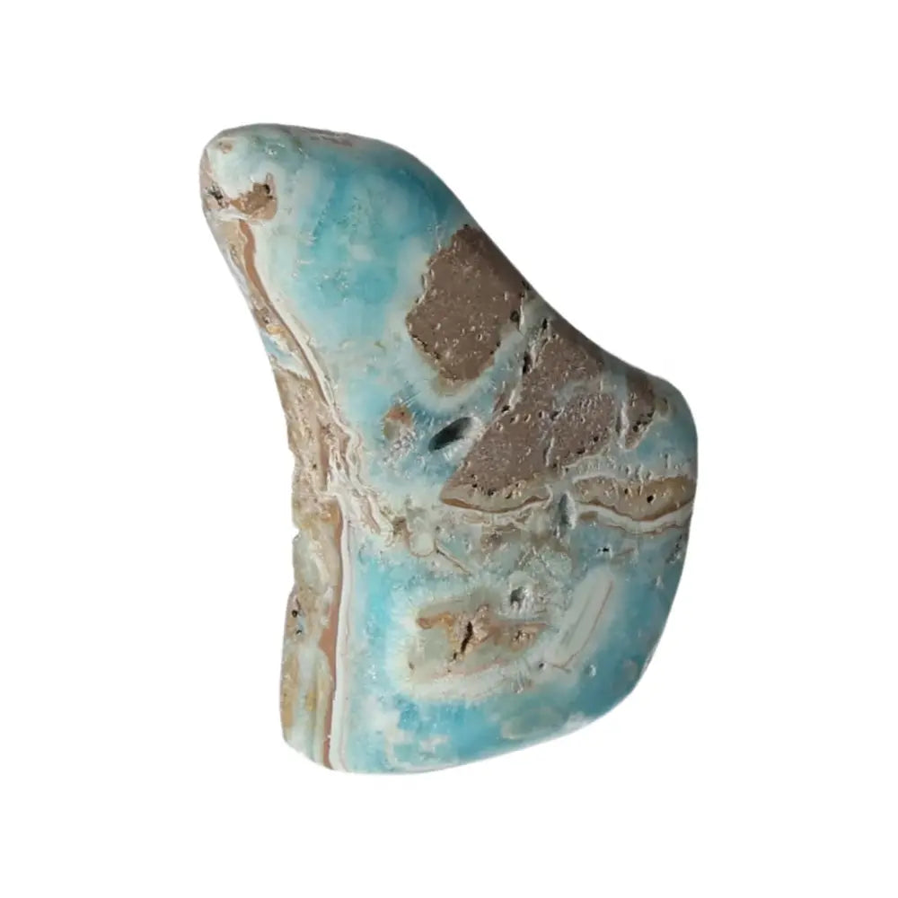 Blue Aragonite Obelisk with soothing blue hues and earthy tones from Pakistan, enhances communication and emotional balance.
