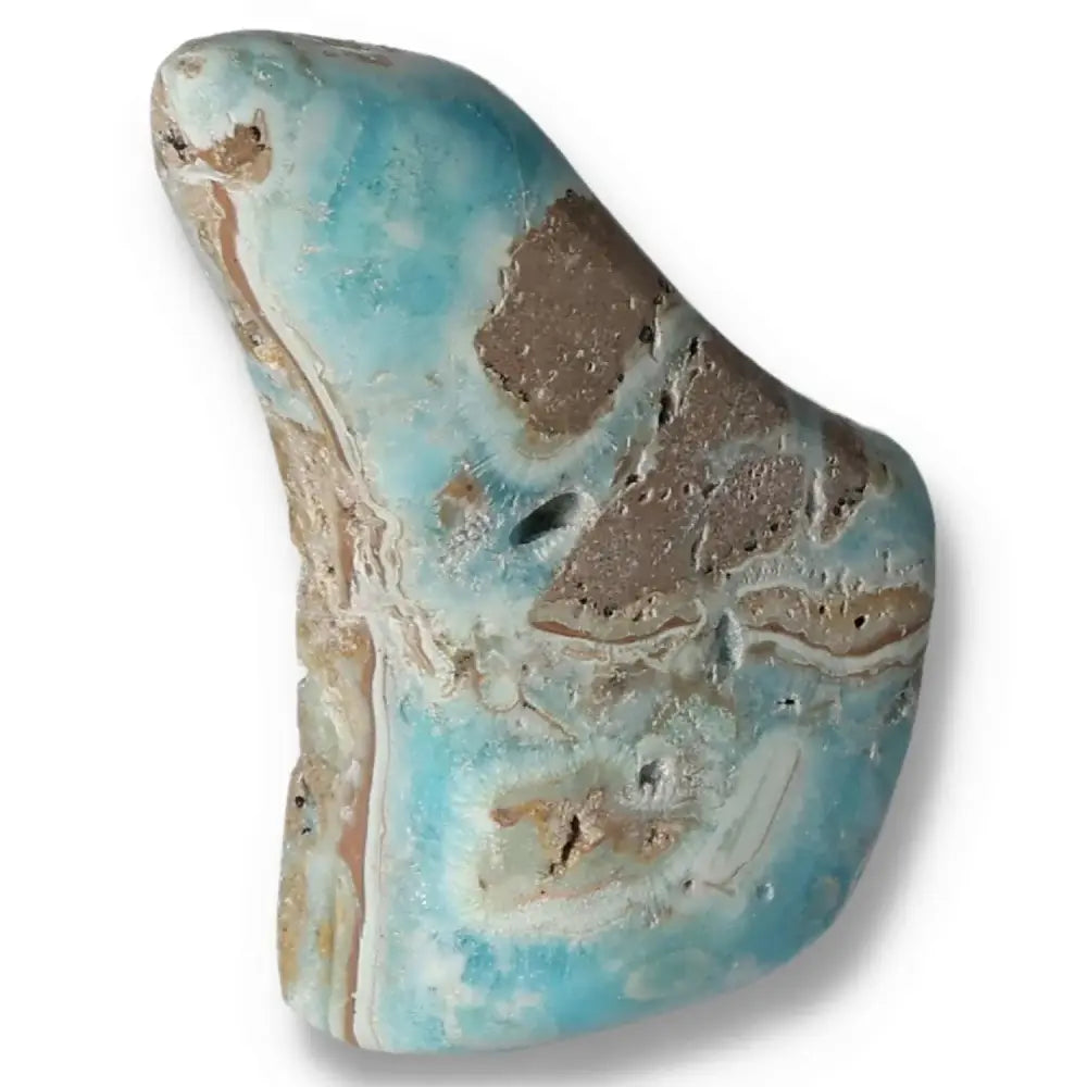 Polished Blue Aragonite stone showcasing unique blue and earthy patterns, ideal for tranquility and balance.