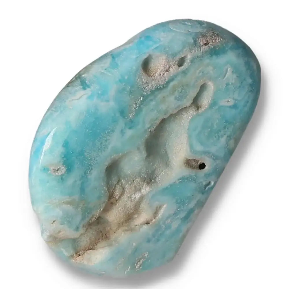 Polished Blue Aragonite stone showcasing its vibrant hues and natural texture, perfect for enhancing tranquility and emotional balance.