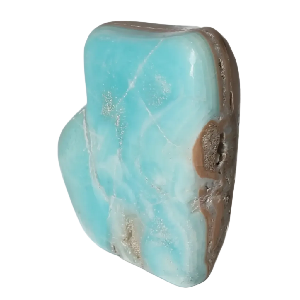 Polished blue aragonite stone for grounding, stress relief, focus enhancement, spiritual growth, and energy balance.