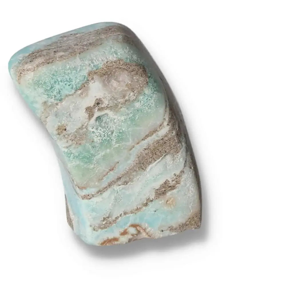 Polished blue aragonite obelisk with soothing hues, enhancing communication and tranquility.