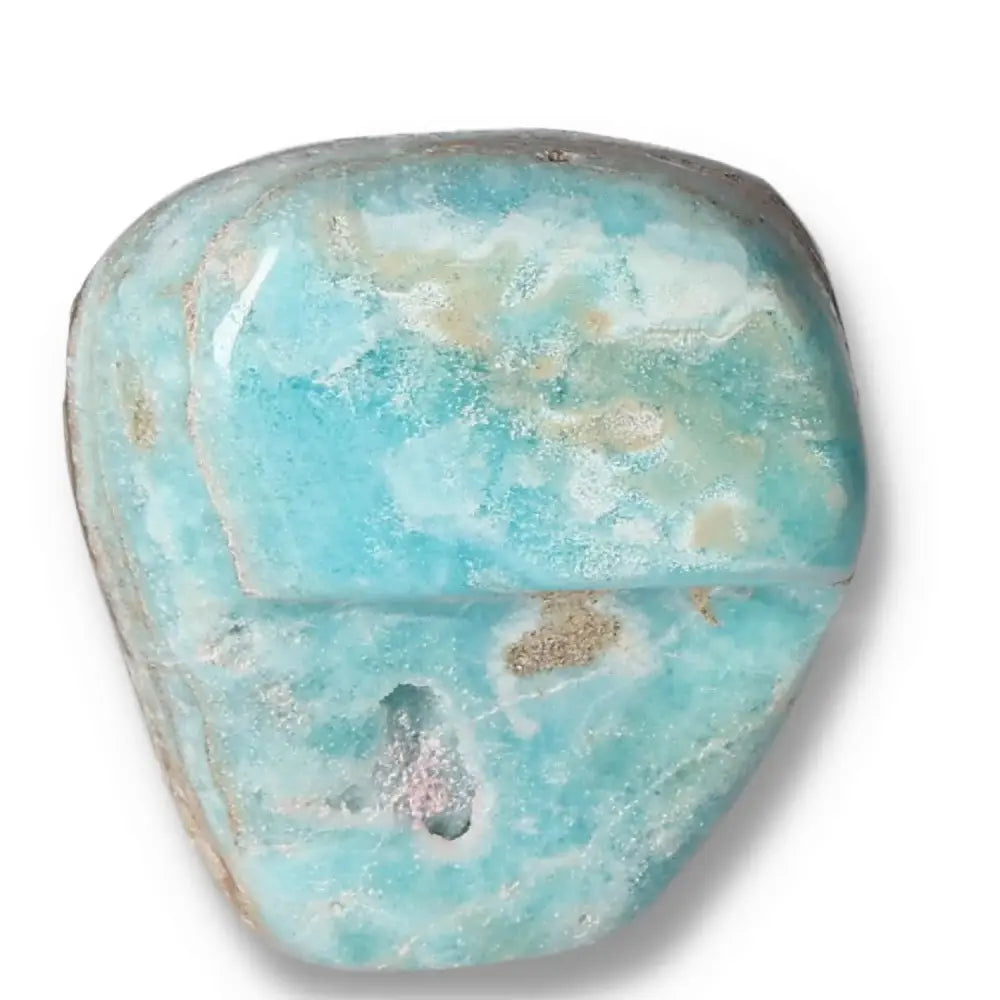 Polished blue aragonite crystal from Pakistan, displaying vibrant blue tones and natural patterns, known for its calming energy.