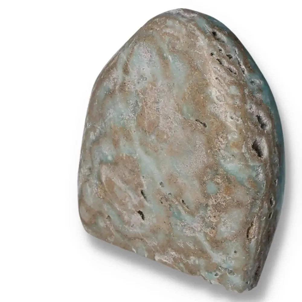 Polished blue aragonite stone against white background showing unique patterns and textures.