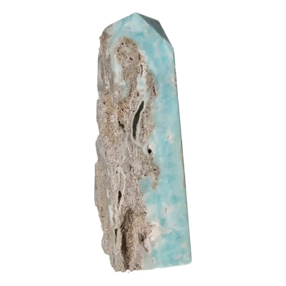 Blue Aragonite Tower crystal with soothing blue hues, ideal for meditation and home décor, emitting calming transformational energy.