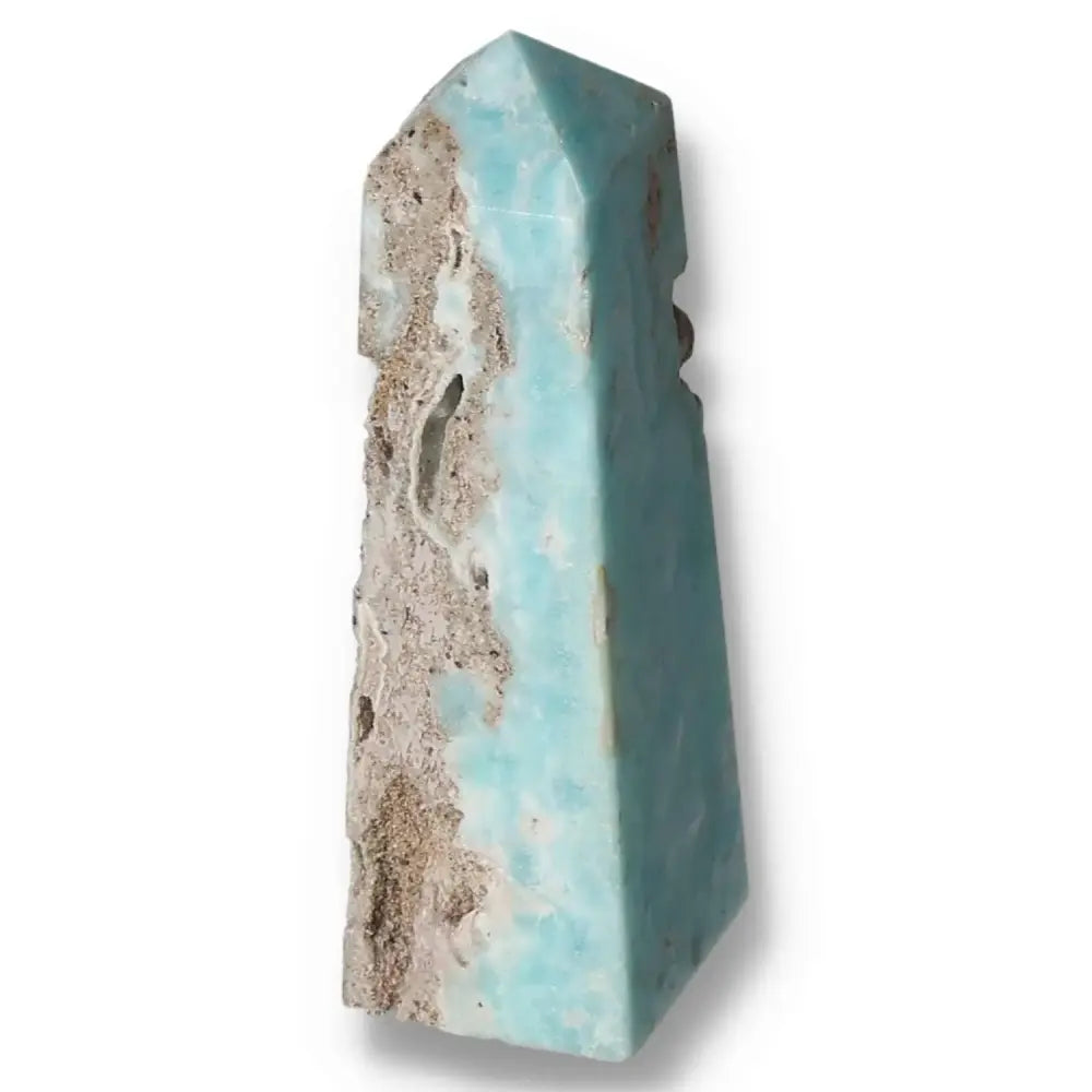 Blue Aragonite Tower crystal with soothing blue hues, ideal for meditation, energy work, and home decor.