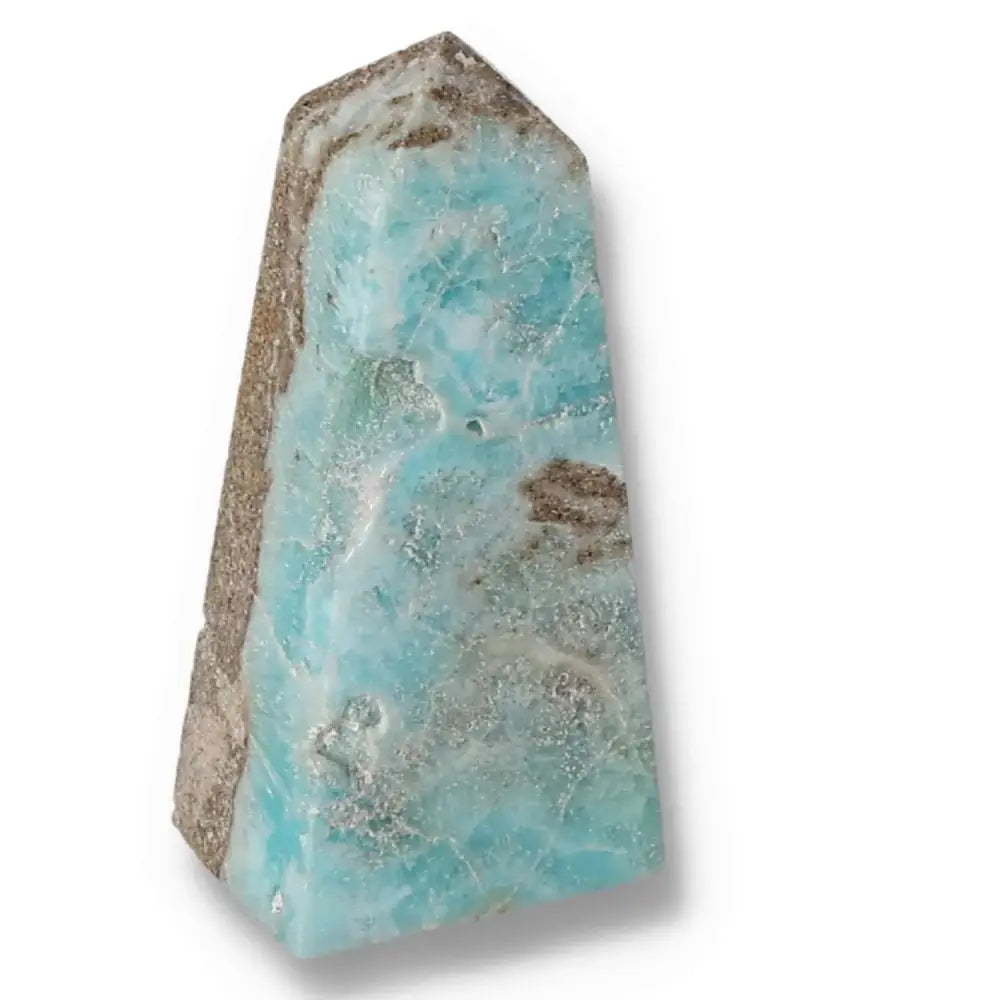 Blue Aragonite Tower crystal with soothing blue hues, symbolizing emotional healing and spiritual connection, ideal for meditation and décor.