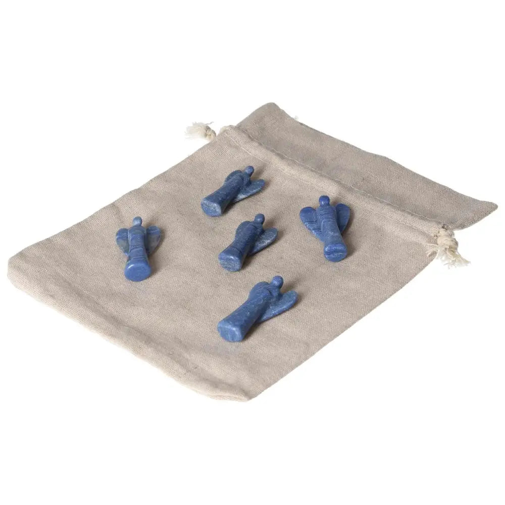 Blue Aventurine small angel figurines for inner peace, intuition, and gentle strength displayed on a cloth bag.