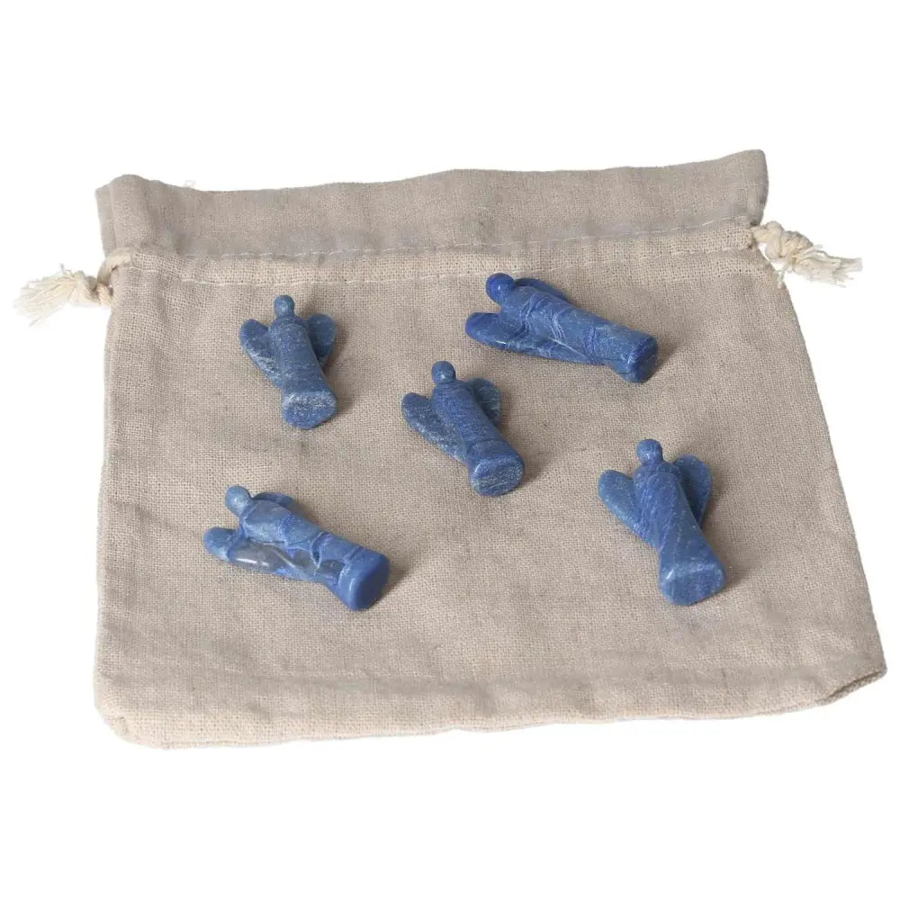 Small Blue Aventurine angels on a fabric bag, symbolizing inner peace, intuition, and gentle strength with calming blue tones.