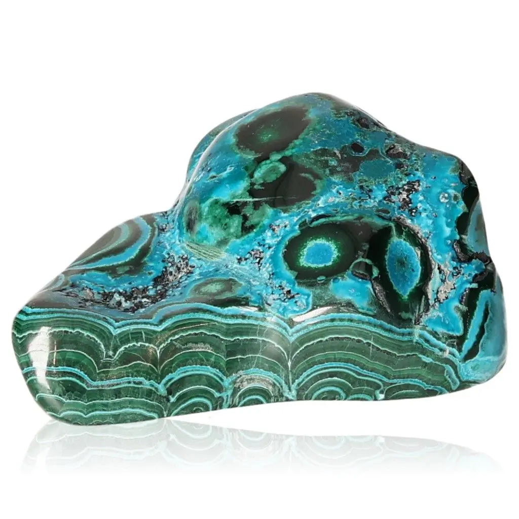 Blue Chrysocolla with Malachite gemstone, showcasing vibrant blue and green hues, known for its calming and transformative properties.