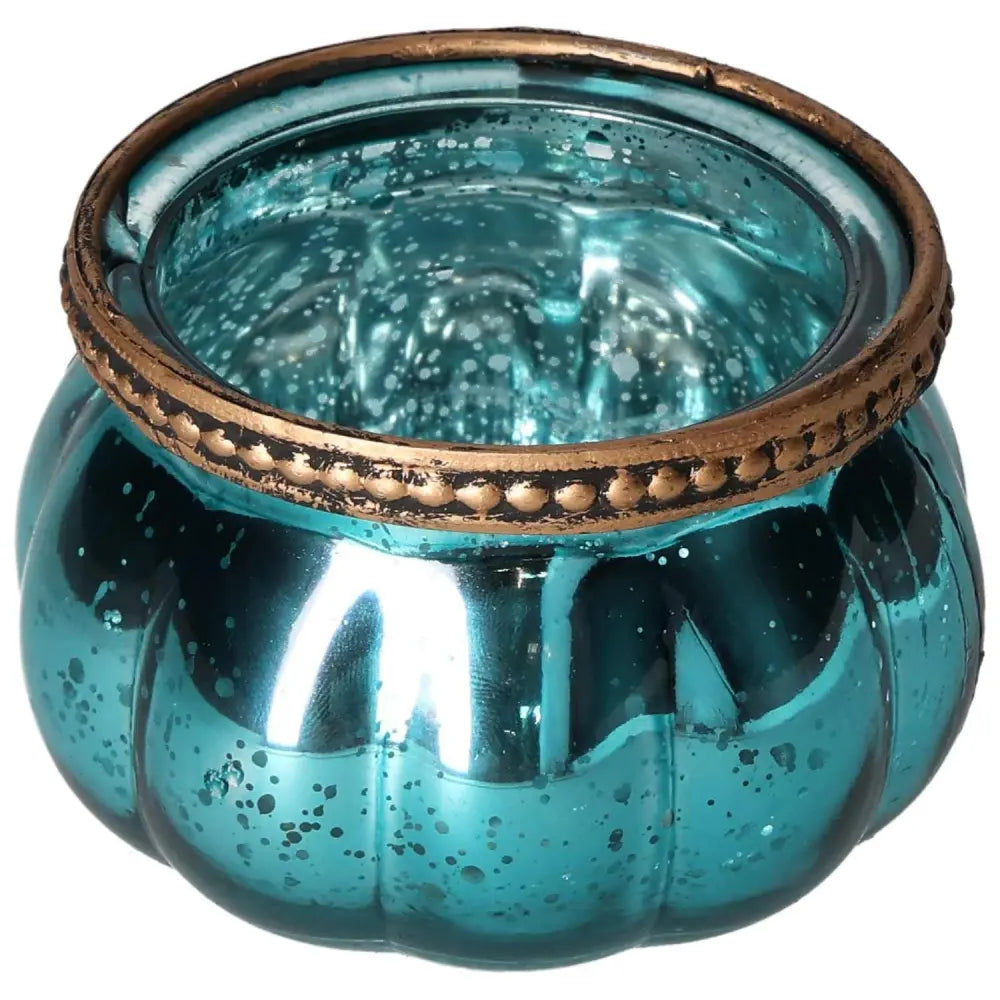 Blue glass lantern with bronze accents, designed by Sylvia Crystals, embodying elegance and tranquility in home décor.