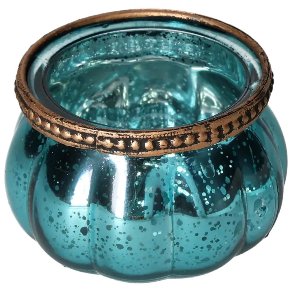 Elegant blue glass lantern with vintage bronze trim, capturing elegance and tranquility, by Sylvia Crystals.