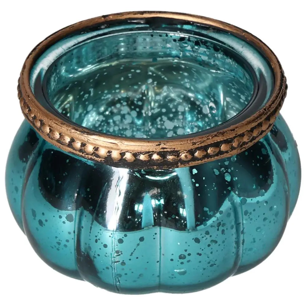 Blue glass lantern with a gold rim, designed by Sylvia Crystals, showcasing elegance and spiritual aesthetics.