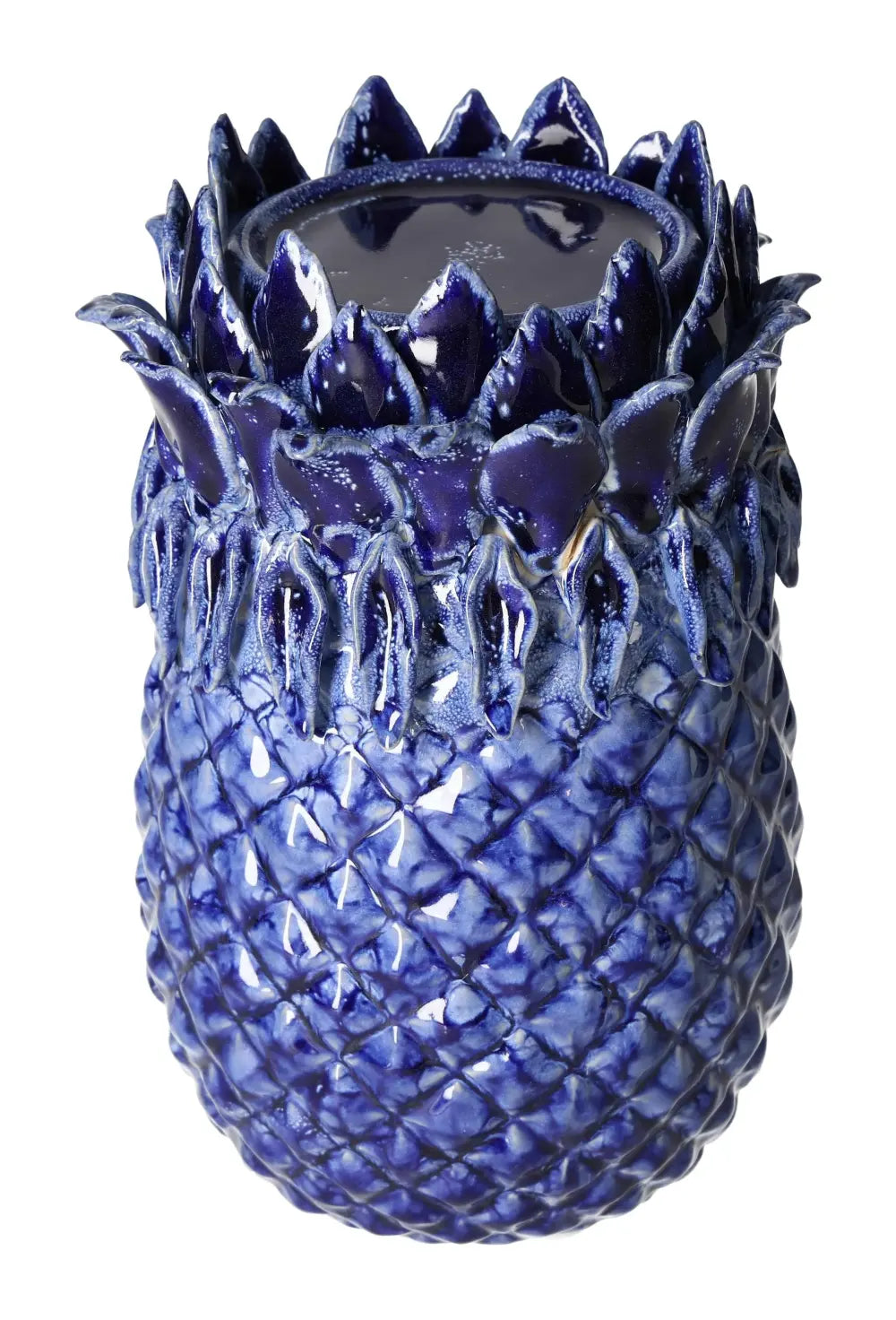 Blue stoneware candle holder with intricate design, 13.5x13.5x21.5 cm, exuding luxury and elegance by Sylvia Crystals.